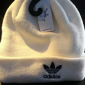 NWT-Adidas White Knit Hat with Trefoil Logo